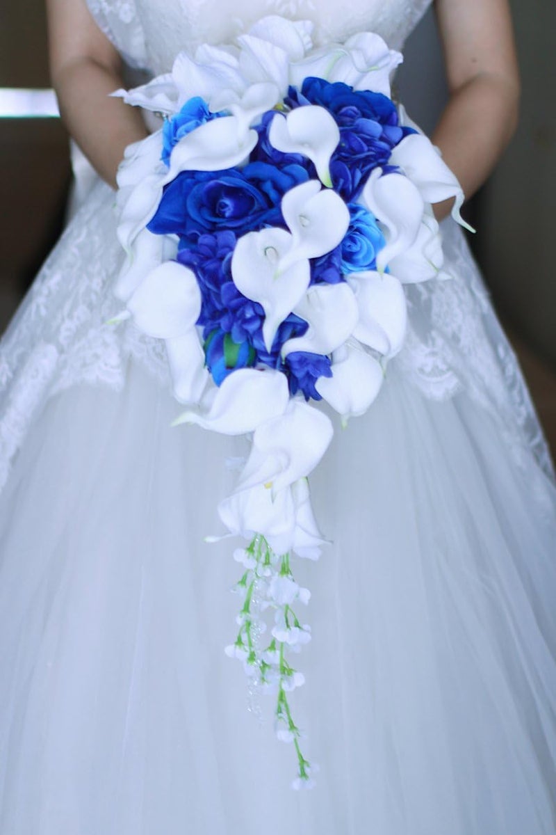 IFFO Royal Blue Bouquet, Bridal Bouquets for Weddingï¼ŒWhite Calla Lily Bridal Bouquet, Water Drops Waterfall Shape, Luxury Jewelry Bouquet Romantic Wedding (No Jewelry) - Image 2